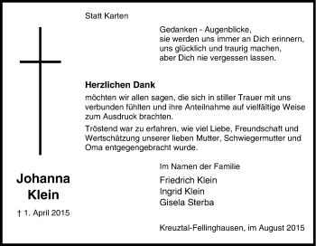 Traueranzeige von Johanna Klein von Tageszeitung