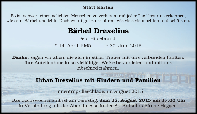  Traueranzeige für Bärbel Drexelius vom 12.08.2015 aus Tageszeitung