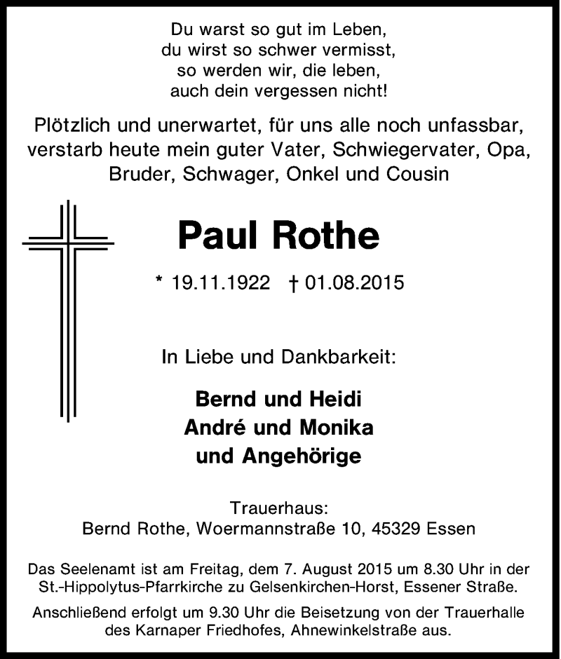 Traueranzeige für Paul Rothe vom 05.08.2015 aus Tageszeitung
