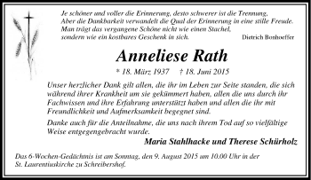 Traueranzeige von Anneliese Rath von Tageszeitung