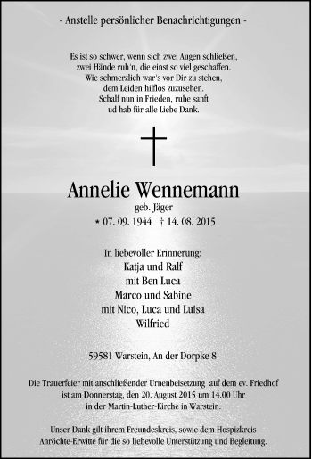 Traueranzeige von Annelie Wennemann von Tageszeitung