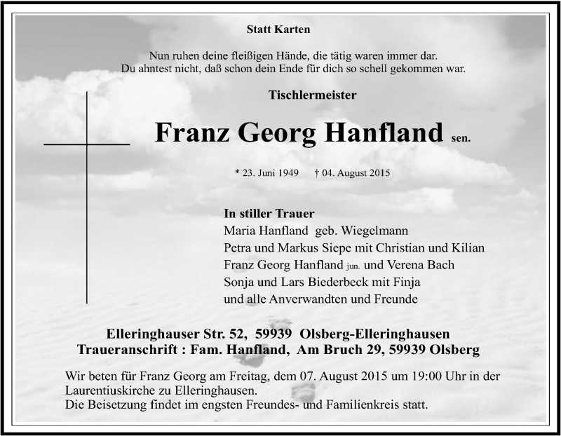  Traueranzeige für Franz Georg Hanfland vom 07.08.2015 aus Tageszeitung