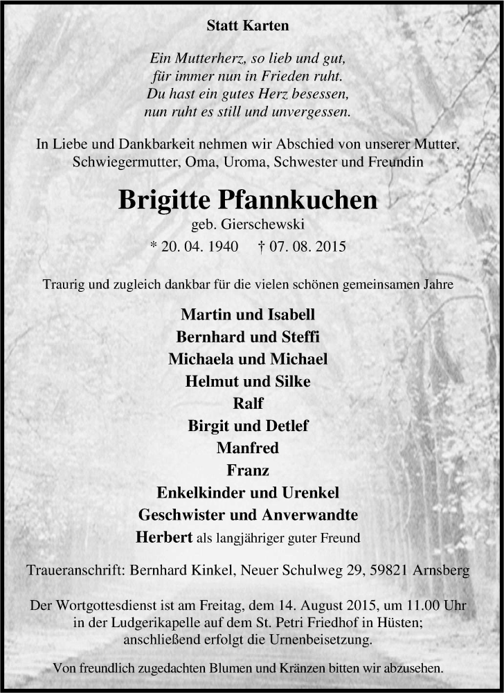  Traueranzeige für Brigitte Pfannkuchen vom 10.08.2015 aus Tageszeitung