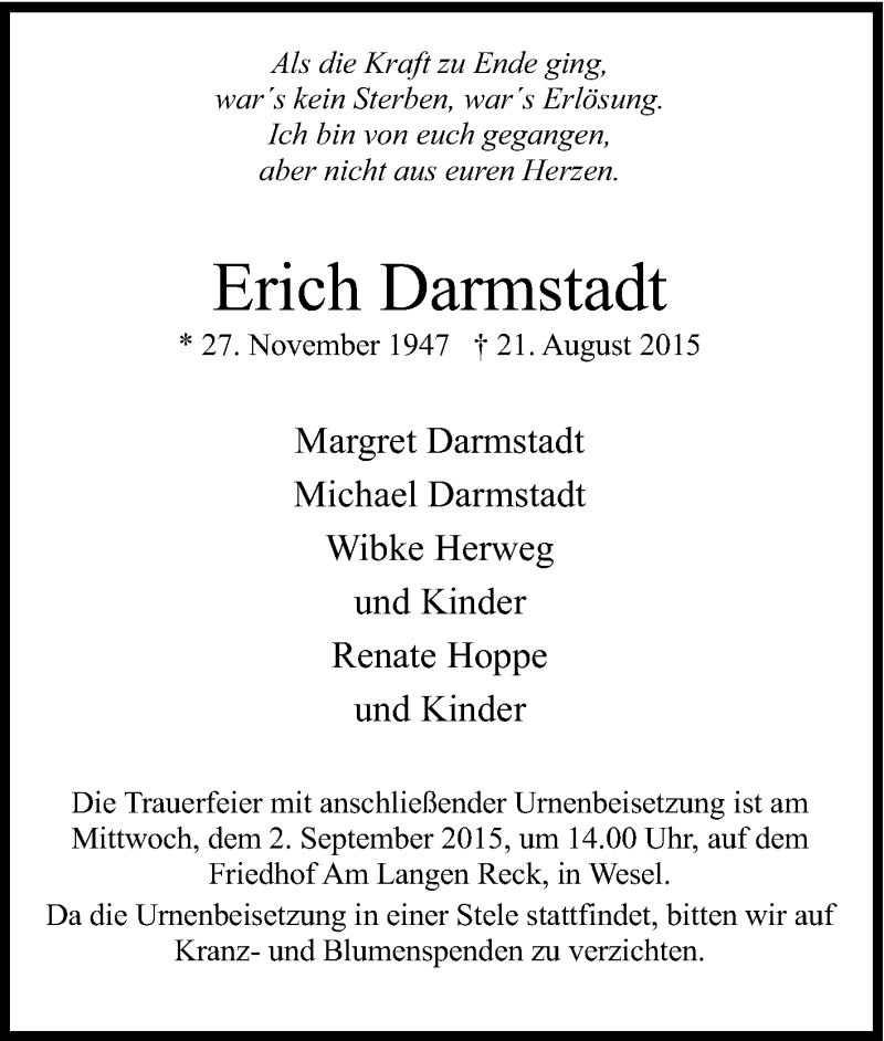  Traueranzeige für Erich Darmstadt vom 25.08.2015 aus Tageszeitung