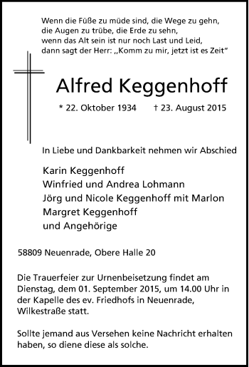 Traueranzeige von Alfred Keggenhoff von Tageszeitung