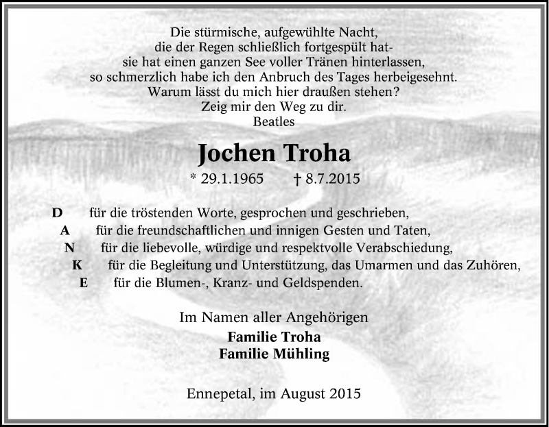 Traueranzeige für Jochen Troha vom 29.08.2015 aus Tageszeitung