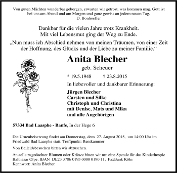 Traueranzeige von Anita Blecher von Tageszeitung
