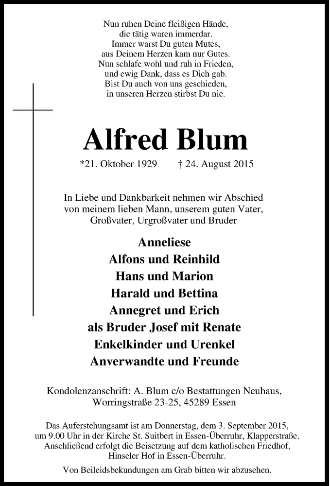  Traueranzeige für Alfred Blum vom 29.08.2015 aus Tageszeitung
