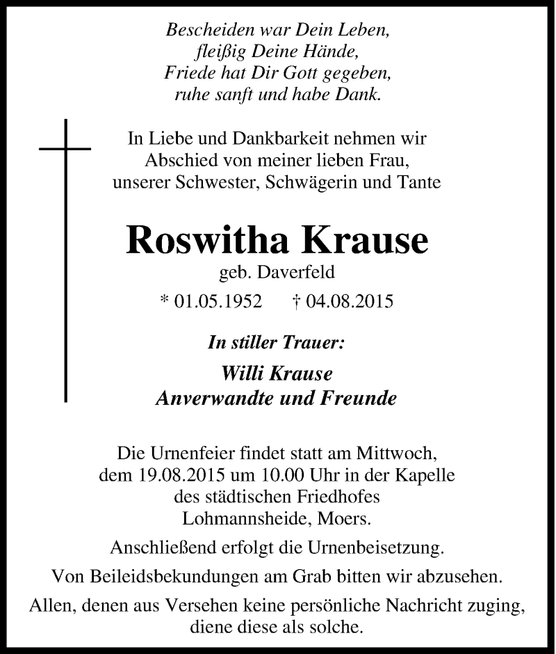  Traueranzeige für Roswitha Krause vom 15.08.2015 aus Tageszeitung