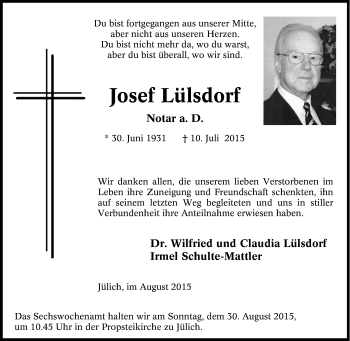 Traueranzeige von Josef Lülsdorf von Tageszeitung