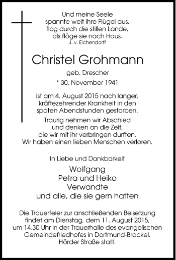 Traueranzeigen von Christel Grohmann TrauerinNRW.de