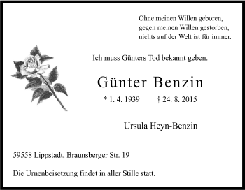 Traueranzeige von Günter Benzin von Tageszeitung
