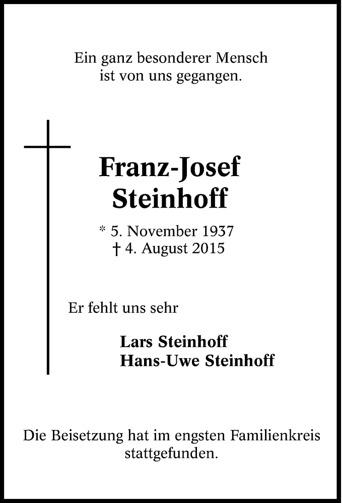 Traueranzeigen von FranzJosef Steinhoff TrauerinNRW.de