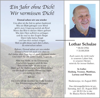 Traueranzeige von Lothar Schulze von Tageszeitung