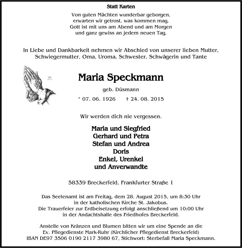  Traueranzeige für Maria Speckmann vom 26.08.2015 aus Tageszeitung