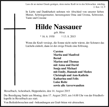 Traueranzeige von Hilde Nassauer von Tageszeitung