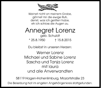 Traueranzeige von Annegret Lorenz von Tageszeitung