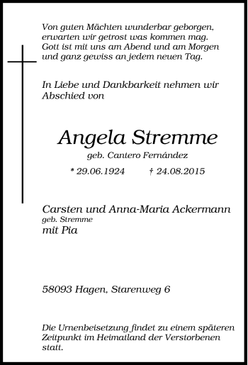 Traueranzeige von Angela Stremme von Tageszeitung