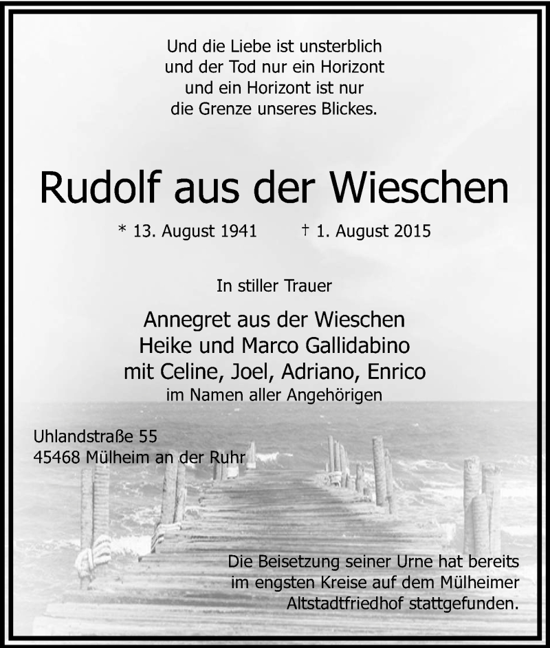  Traueranzeige für Rudolf aus der Wieschen vom 15.08.2015 aus Tageszeitung