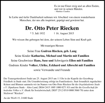 Traueranzeige von Otto Peter Riecken von Tageszeitung
