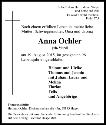 Traueranzeige von Anna Ochler von Tageszeitung