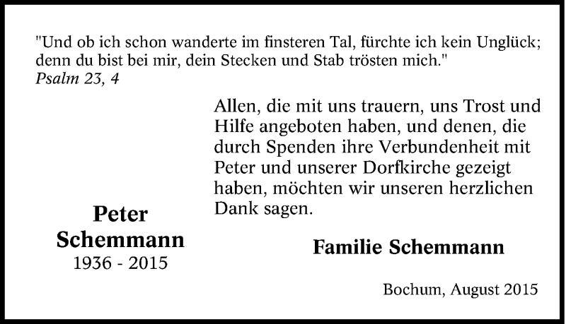  Traueranzeige für Peter Schemmann vom 12.08.2015 aus Tageszeitung