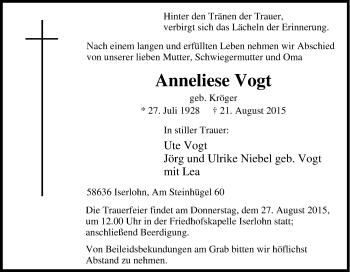 Traueranzeige von Anneliese Vogt von Tageszeitung