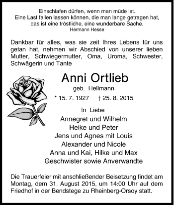 Traueranzeige von Anni Ortlieb von Tageszeitung