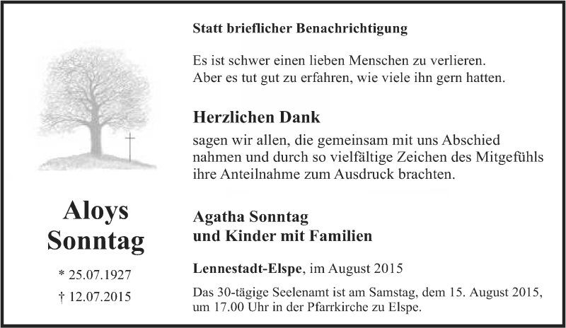  Traueranzeige für Aloys Sonntag vom 12.08.2015 aus Tageszeitung
