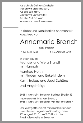 Traueranzeige von Annemarie Brandt von Tageszeitung