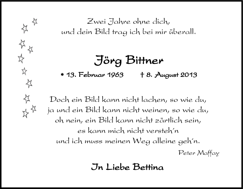  Traueranzeige für Jörg Bittner vom 08.08.2015 aus Tageszeitung