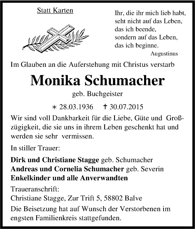  Traueranzeige für Monika Schumacher vom 05.08.2015 aus Tageszeitung