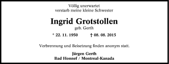 Traueranzeige von Ingrid Grotstollen von Tageszeitung