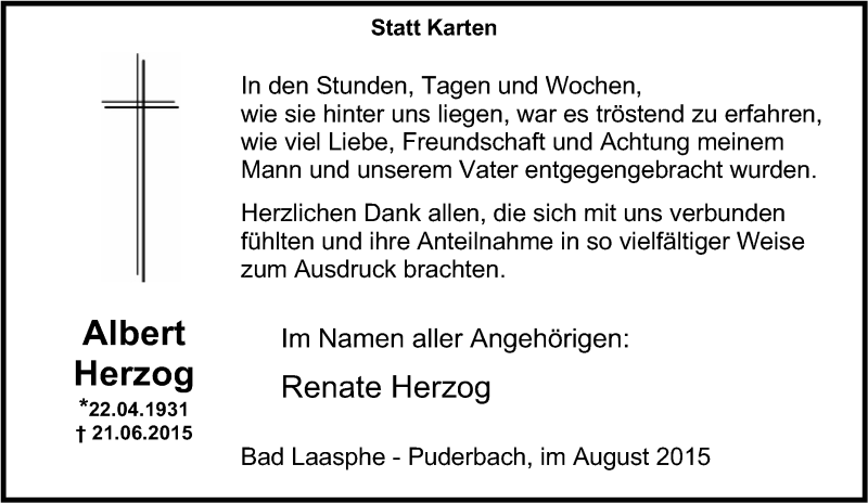  Traueranzeige für Albert Herzog vom 08.08.2015 aus Tageszeitung