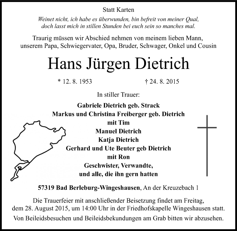  Traueranzeige für Hans Jürgen Dietrich vom 26.08.2015 aus Tageszeitung