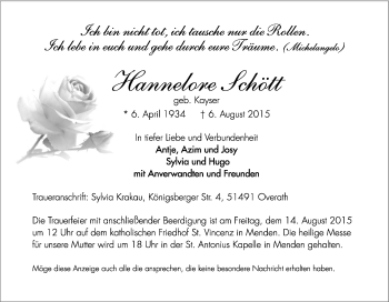 Traueranzeige von Hannelore Schött von Tageszeitung