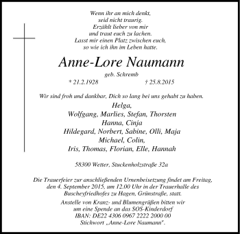 Traueranzeige von Anne-Lore Naumann von Tageszeitung