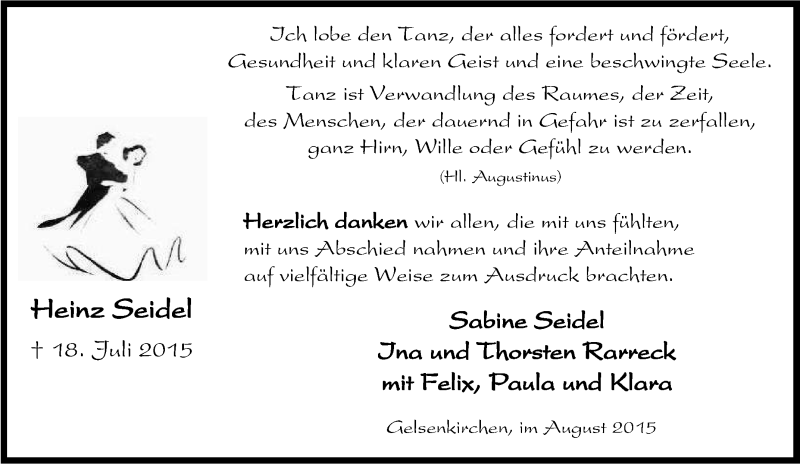  Traueranzeige für Heinz Seidel vom 22.08.2015 aus Tageszeitung