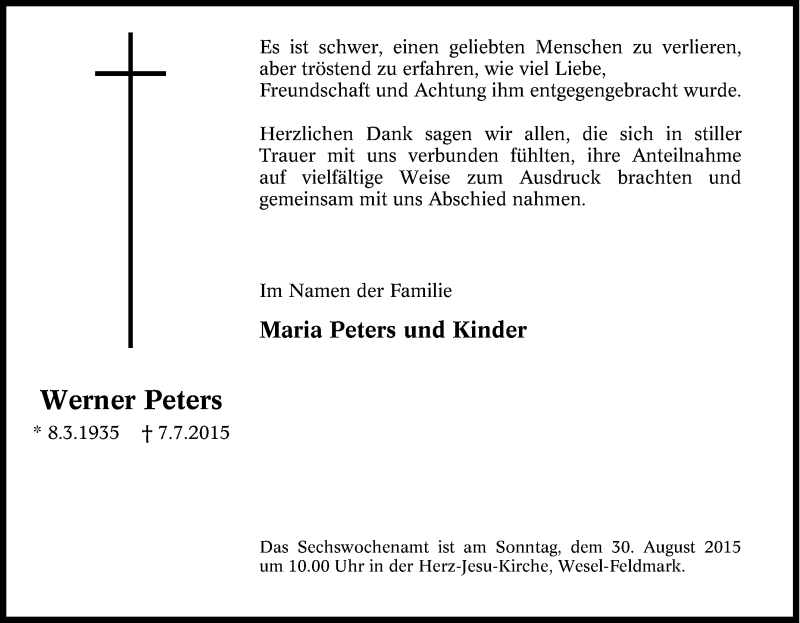  Traueranzeige für Werner Peters vom 15.08.2015 aus Tageszeitung