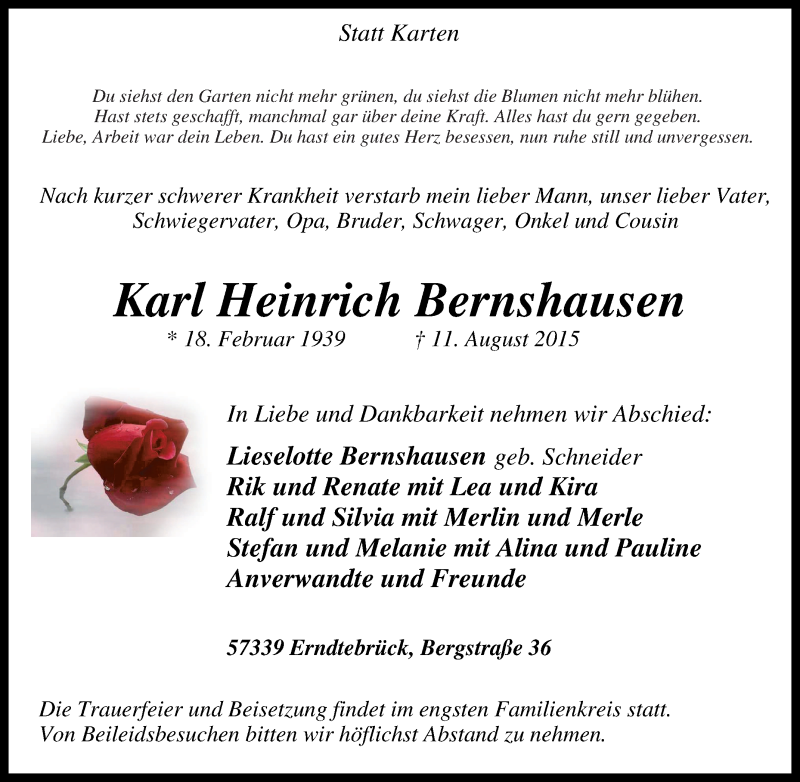  Traueranzeige für Karl Heinrich Bernshausen vom 13.08.2015 aus Tageszeitung