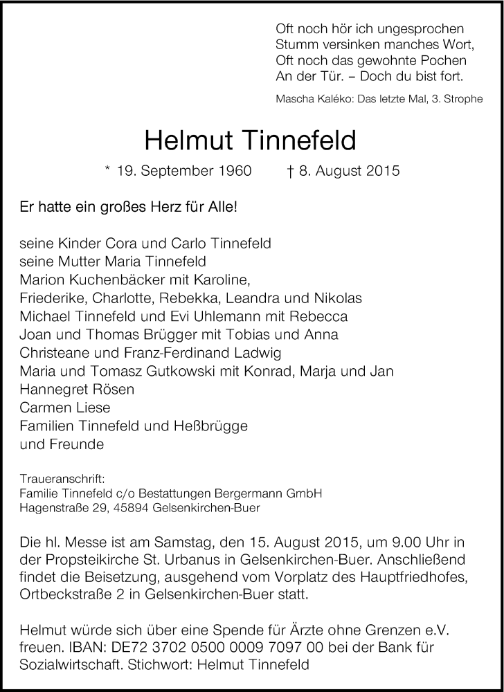  Traueranzeige für Helmut Tinnefeld vom 12.08.2015 aus Tageszeitung