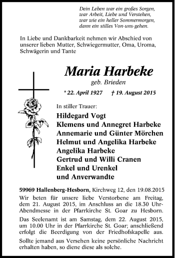 Traueranzeige von Maria Harbeke von Tageszeitung