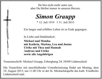 Traueranzeige von Simon Graupp von Tageszeitung