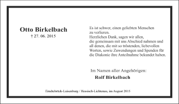 Traueranzeige von Otto Birkelbach von Tageszeitung
