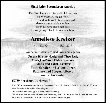Traueranzeige von Anneliese Kretzer von Tageszeitung