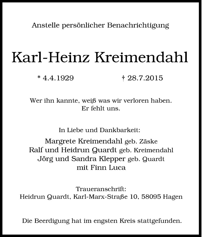 Traueranzeige für Karl-Heinz Kreimendahl vom 12.08.2015 aus Tageszeitung