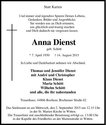 Traueranzeige von Anna Dienst von Tageszeitung