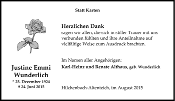 Traueranzeige von Justine Emmi Wunderlich von Tageszeitung