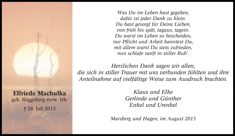  Traueranzeige für Elfriede Machulka vom 15.08.2015 aus Tageszeitung
