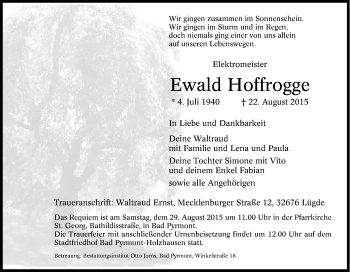 Traueranzeige von Ewald Hoffrogge von Tageszeitung